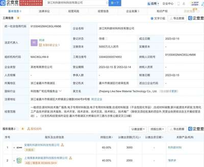 璞泰来联合安徽利科(kē)5000万于浙江共设新(xīn)材料科(kē)技公司